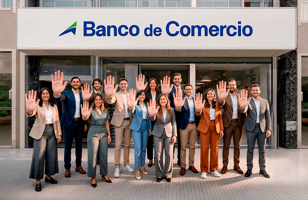 Equipo de Banco de Comercio en la puerta de una sucursal